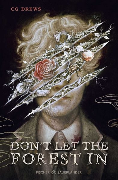 Der Protaonist ist als Illustration abgebildet. Über seinem Gesicht sind Kratzspuren aus denen Pflanzen wachsen. Unten steht der Titel "Don't Let The Forest In".