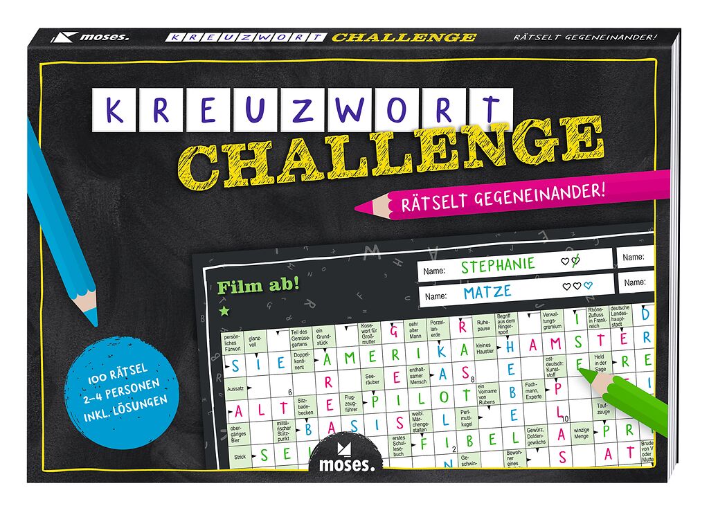 Das Cover bildet ein Kreuzworträtsel ab. An den Seiten sind Buntstifte. Oben steht groß der Titel "Kreuzwort-Challenge"