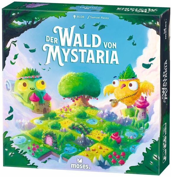 Eine Wiese in den Wolken, welche das Spielbrett darstellt und zwei miteinander spielende Wesen an den Seiten des Brettes. Oben in der Mitte steht der Titel des Spiels.