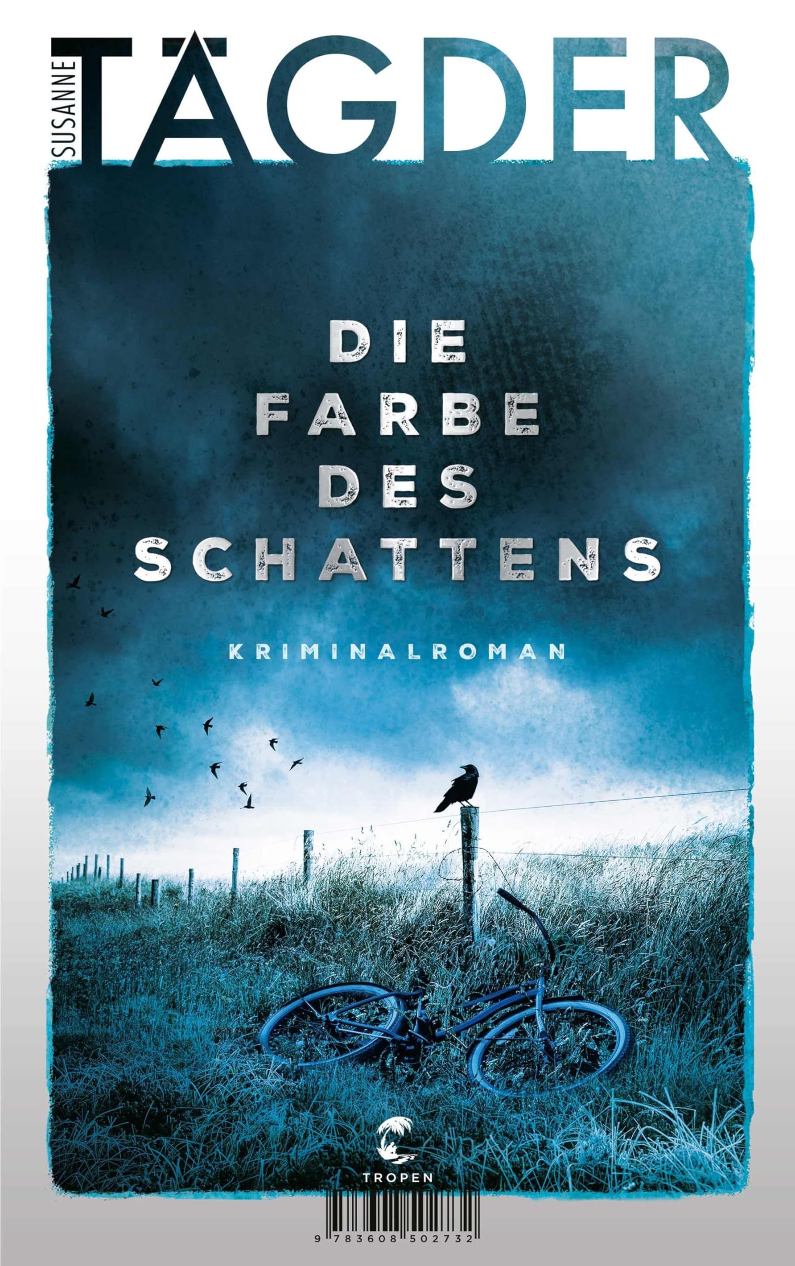 Blaue Farbtöne prägen das Cover mit einer Wiese, ein umgefallenes Fahrrad und ein Rabe der auf einem Zaun sitzt
