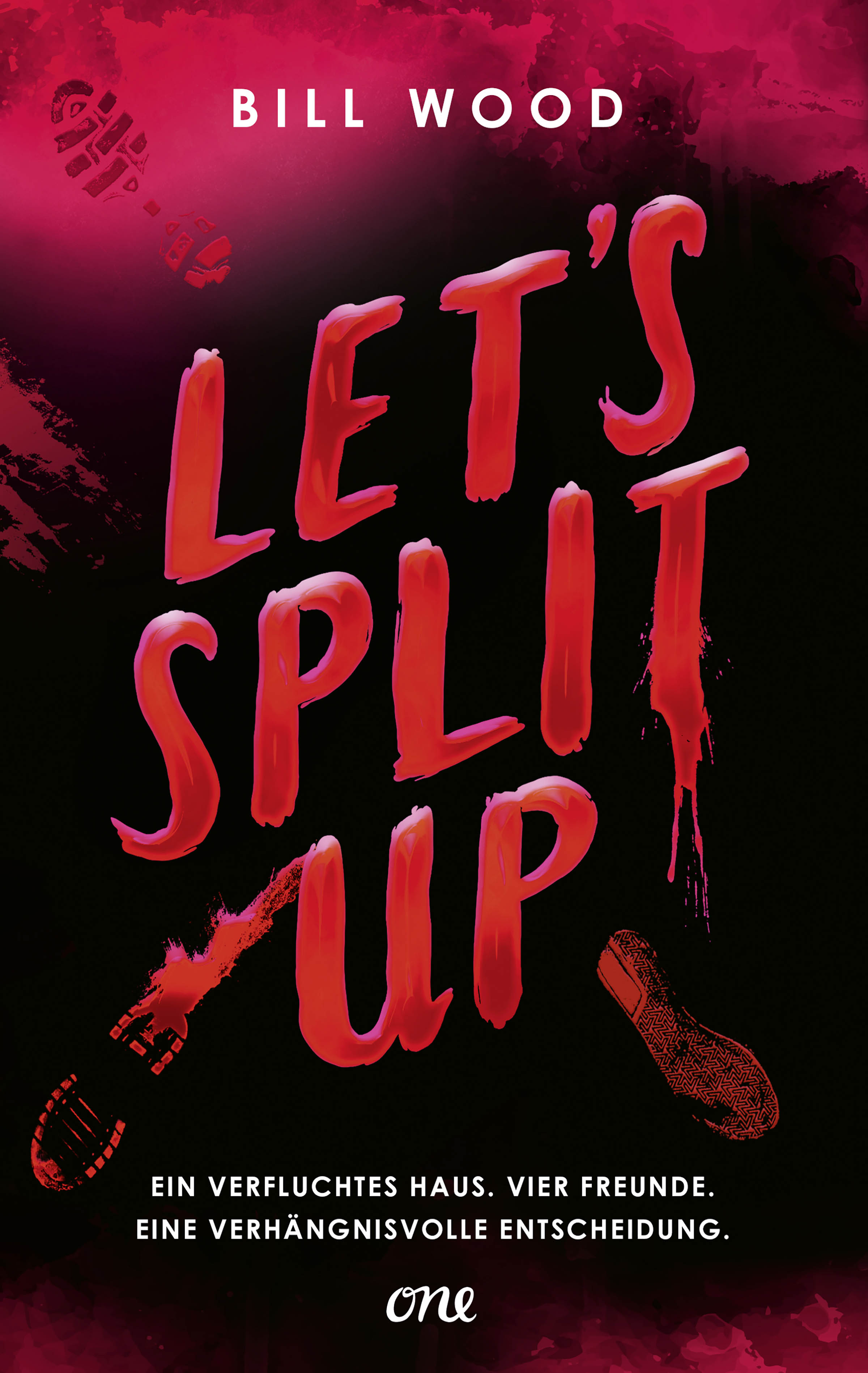 Dunkles Cover mit blutig, verschmierten Fußabdrücken. Der Titel "Let's Split Up" steht zentriert mit roter Farbe.