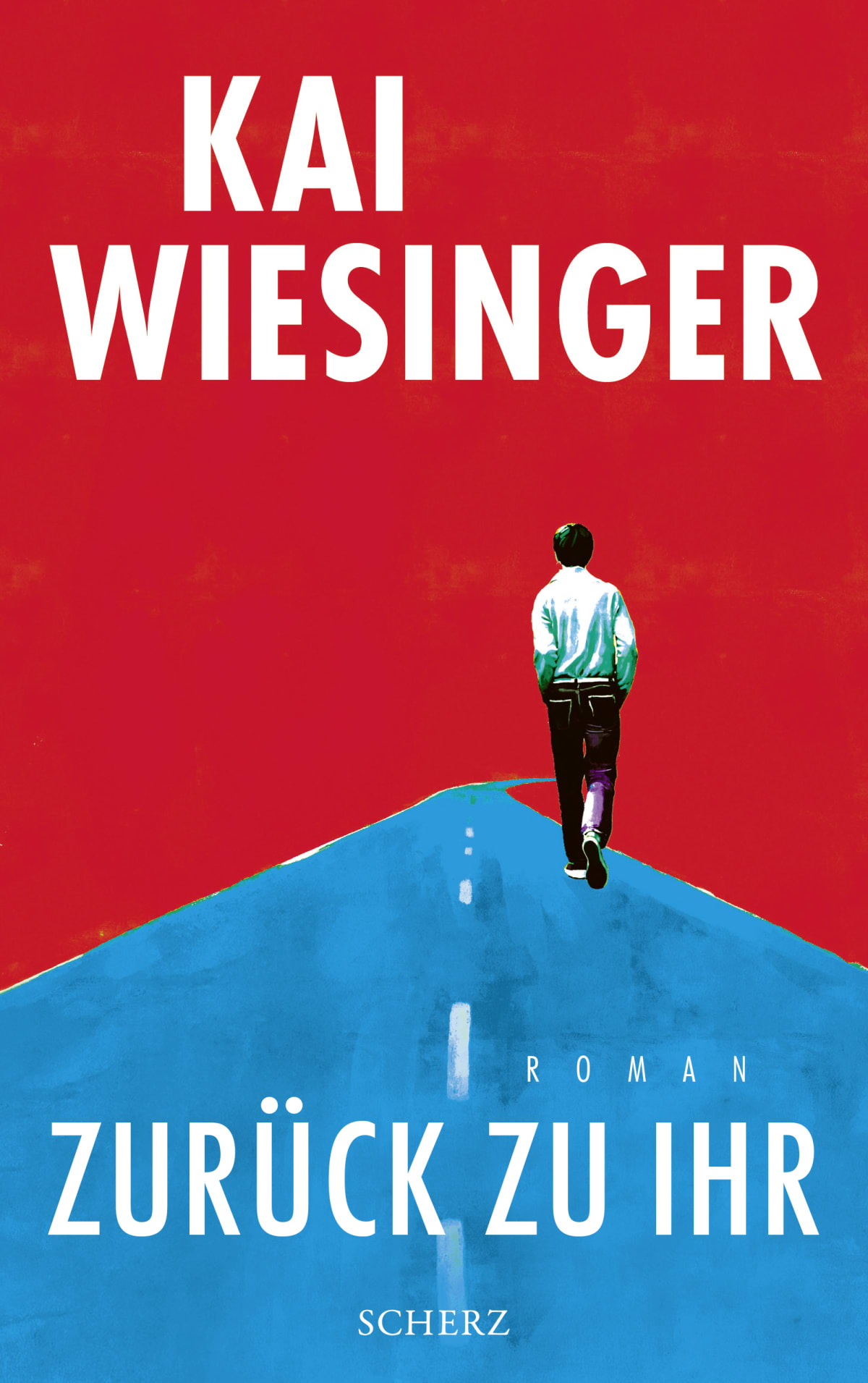 Ein Mann läuft am Straßenrand. Der Himmel ist rot, die Straße ist blau.