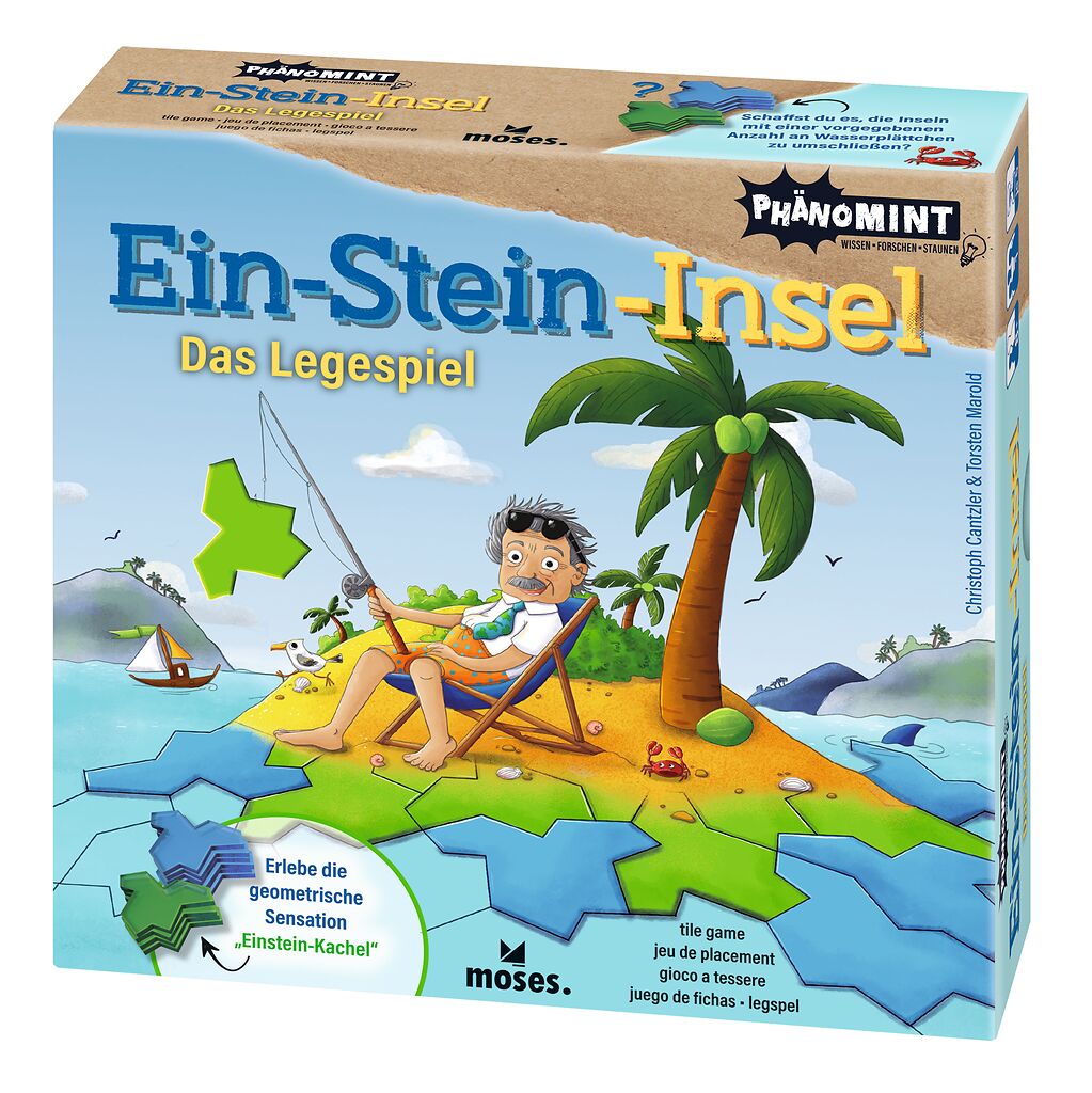 Einstein sitzt im Liegestuhl auf einer Insel und angelt eine Einsteinkachel.